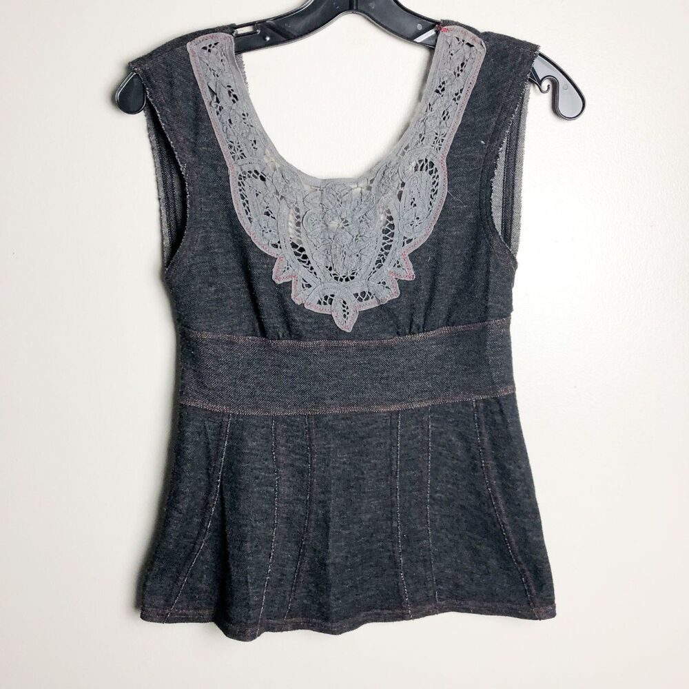 Free People Lace Peplum Knit Sleeveless Blouse Gray XS